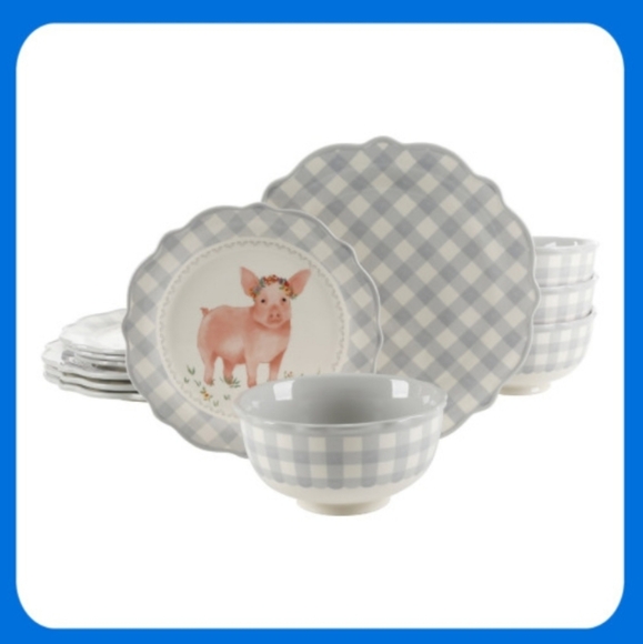 ❤️ New Pioneer Woman Gingham Grey 12-Piece Dinnerware Set - Picture 1 of 8